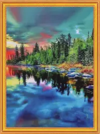 Картина 2 в 1. Алмазная мозаика и раскрашивание по номерам. Закат на озере, 40х50 см