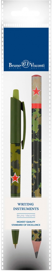 Ручка шариковая автоматическая HappyClick, синяя и карандаш HappyGraphix Jumbo. Милитари, 4B