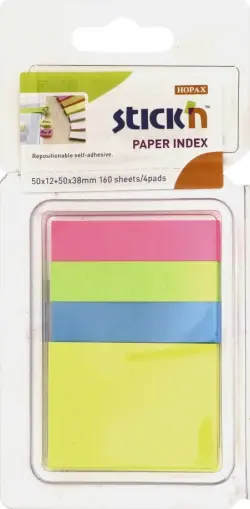 Закладки самоклеящиеся бумажные 40 листов, 12x50 мм, 38x50 мм, 4 цвета