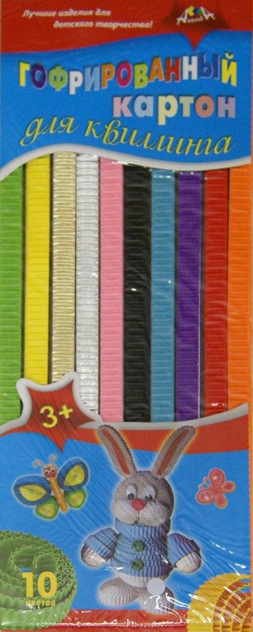 Картон цветной гофрированный для квиллинга, ширина 10 мм, 60 полос, 10 цветов "Зайчик"
