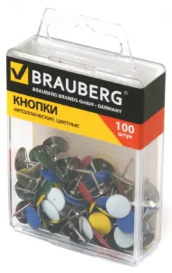 Кнопки канцелярские "Brauberg", металлические (цветные), 10 мм, 100 штук