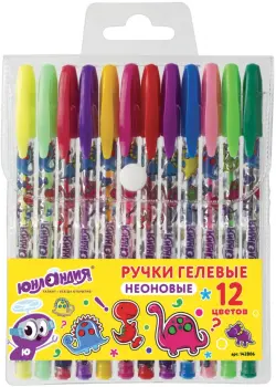 Ручки гелевые "Юнландия", 12 цветов, неоновые чернила, корпус с печатью, 0,7 мм, линия 0,5 мм