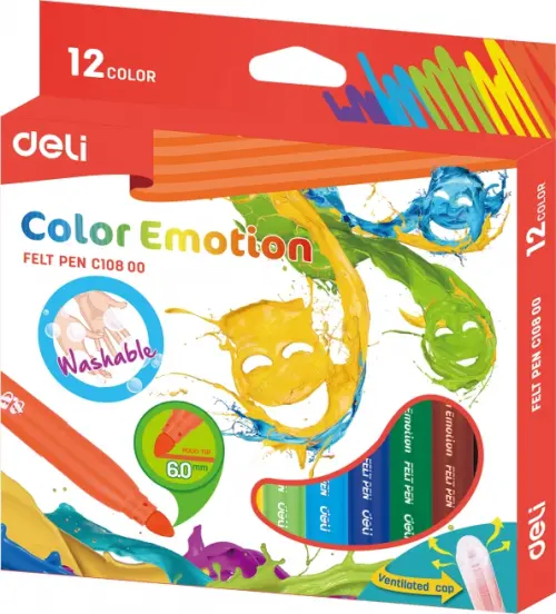Фломастеры Deli "Color Emotion", вентилируемые, смываемые, 12 цветов