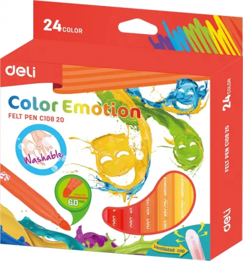 Фломастеры Deli "Color Emotion", вентилируемые, смываемые, 24 цвета