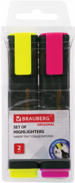 Набор текстовыделителей Brauberg "Original", 2 штуки, цвет желтый, розовый, линия 1-5 мм