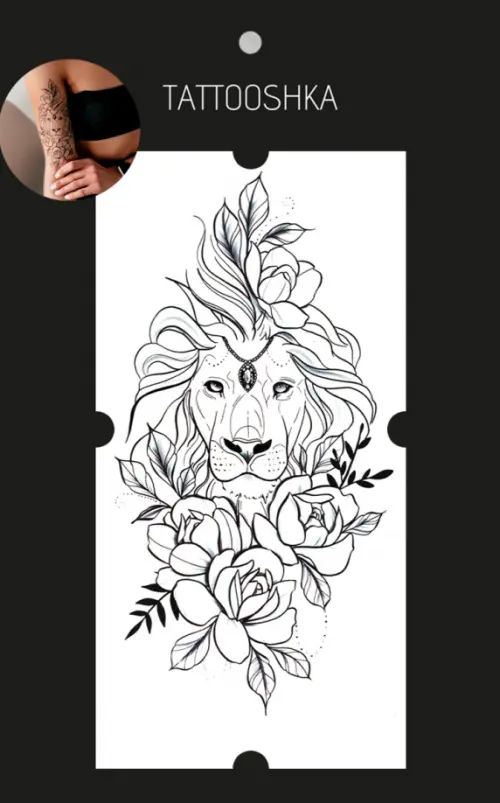 Временная татуировка "Лев с цветами"