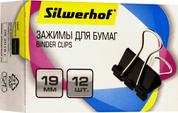 Набор зажимов для бумаг "Silwerhof", 19 мм, черные, 12 штук