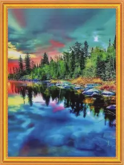 Картина 2 в 1. Алмазная мозаика и раскрашивание по номерам. Закат на озере, 40х50 см
