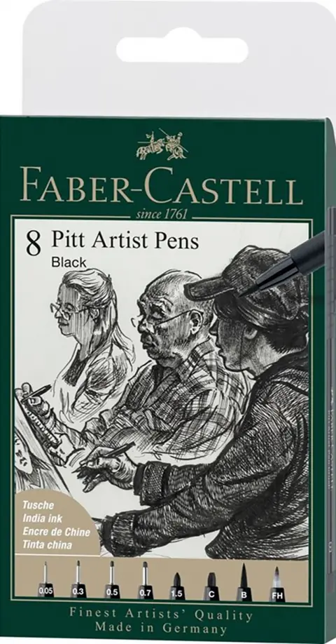 Ручки капиллярные Pitt Artist, черные, 8 штук