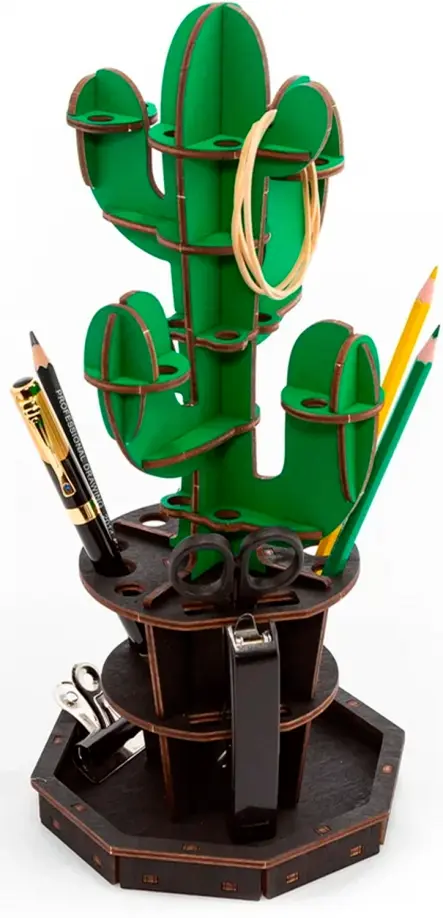 Настольный органайзер Кактус, зеленый. Сборная деревянная модель